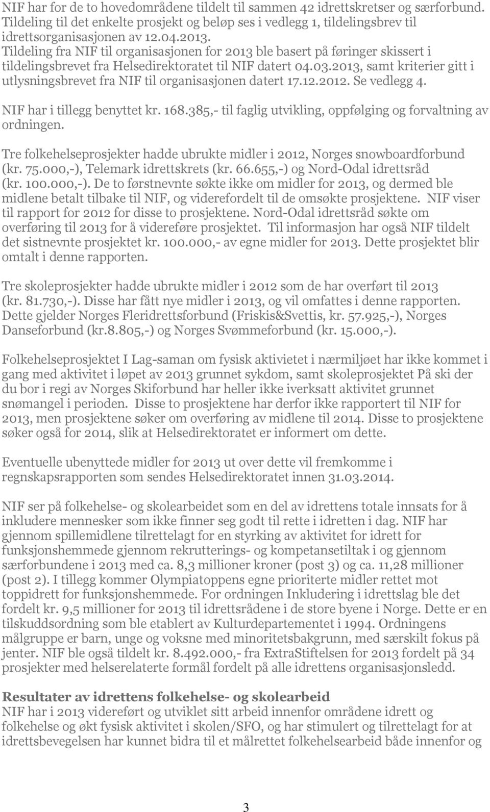 2013, samt kriterier gitt i utlysningsbrevet fra NIF til organisasjonen datert 17.12.2012. Se vedlegg 4. NIF har i tillegg benyttet kr. 168.