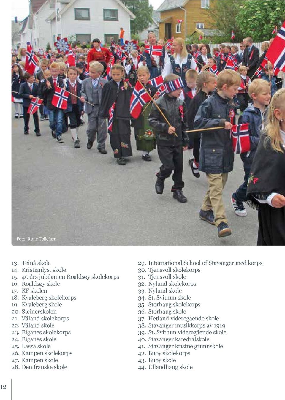 International School of Stavanger med korps 30. Tjensvoll skolekorps 31. Tjensvoll skole 32. Nylund skolekorps 33. Nylund skole 34. St. Svithun skole 35. Storhaug skolekorps 36.