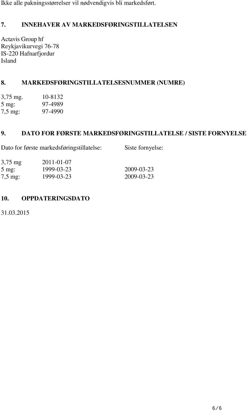 MARKEDSFØRINGSTILLATELSESNUMMER (NUMRE) 3,75 mg. 10-8132 5 mg: 97-4989 7,5 mg: 97-4990 9.