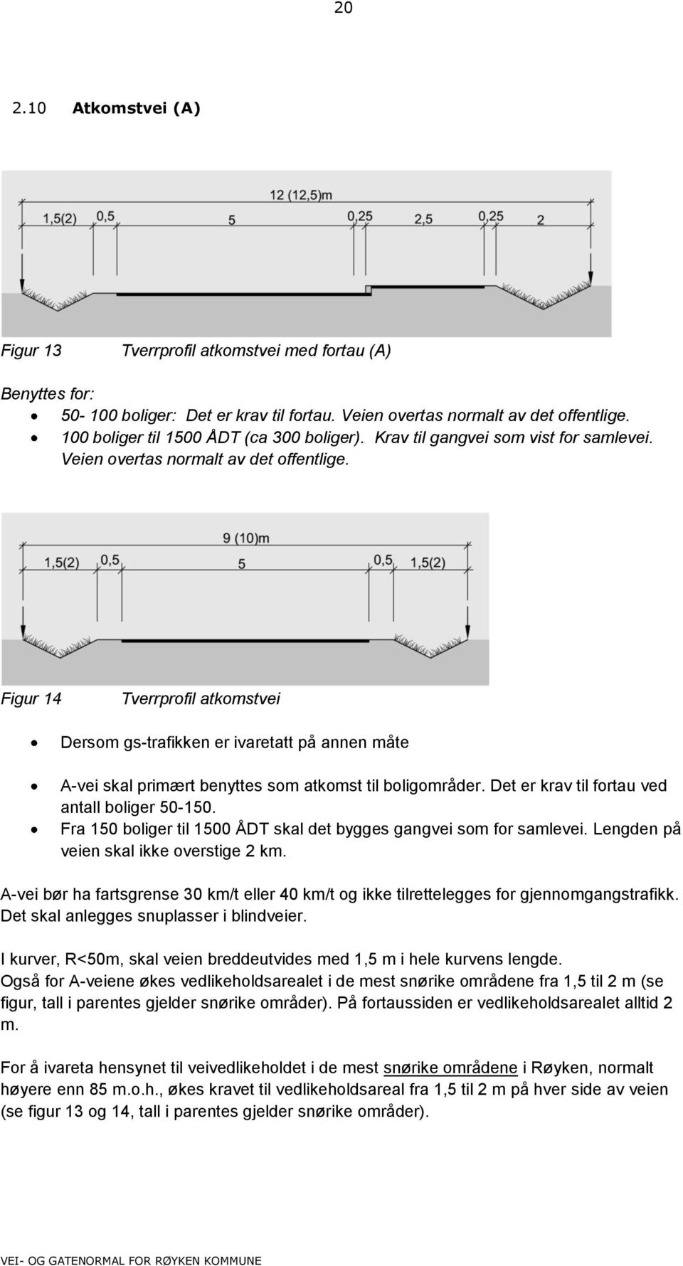 Figur 14 Tverrprofil atkomstvei Dersom gs-trafikken er ivaretatt på annen måte A-vei skal primært benyttes som atkomst til boligområder. Det er krav til fortau ved antall boliger 50-150.