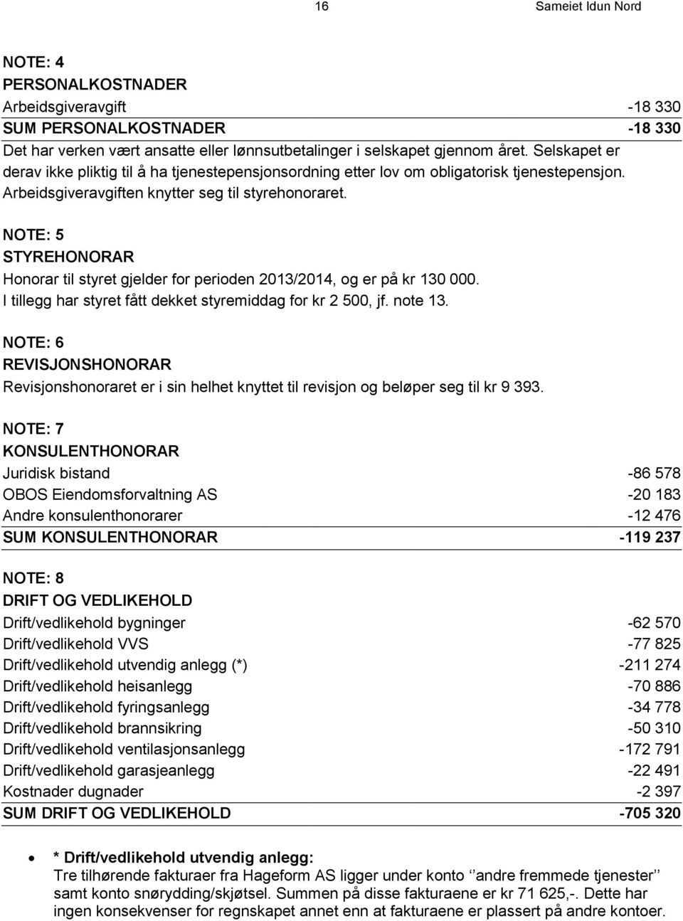 NOTE: 5 STYREHONORAR Honorar til styret gjelder for perioden 2013/2014, og er på kr 130 000. I tillegg har styret fått dekket styremiddag for kr 2 500, jf. note 13.