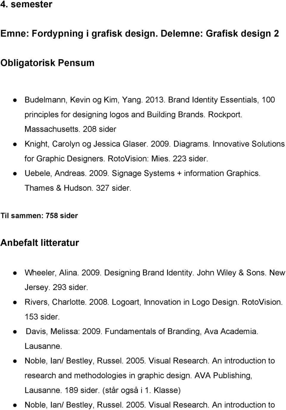 Thames & Hudson. 327 sider. Til sammen: 758 sider Anbefalt litteratur Wheeler, Alina. 2009. Designing Brand Identity. John Wiley & Sons. New Jersey. 293 sider. Rivers, Charlotte. 2008.