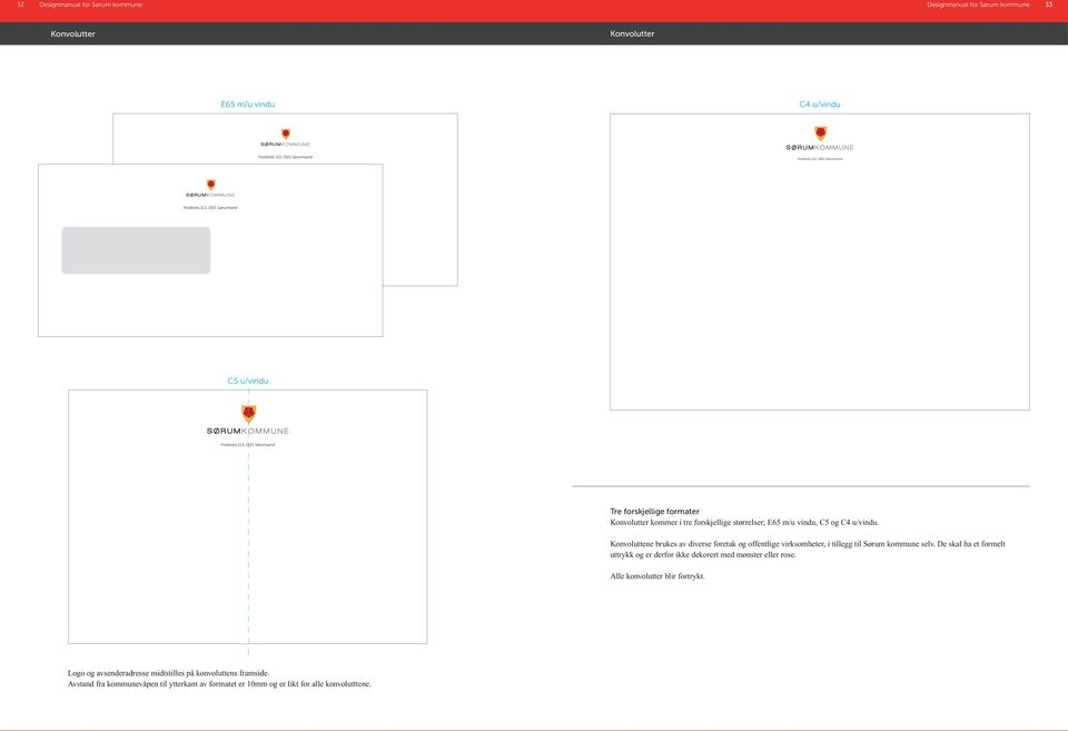 Konvoluttene brukes av diverse foretak og offentlige virksomheter, i tillegg til Sørum kommune selv. De skal ha et formelt uttrykk og er derfor ikke dekorert med mønster eller rose.