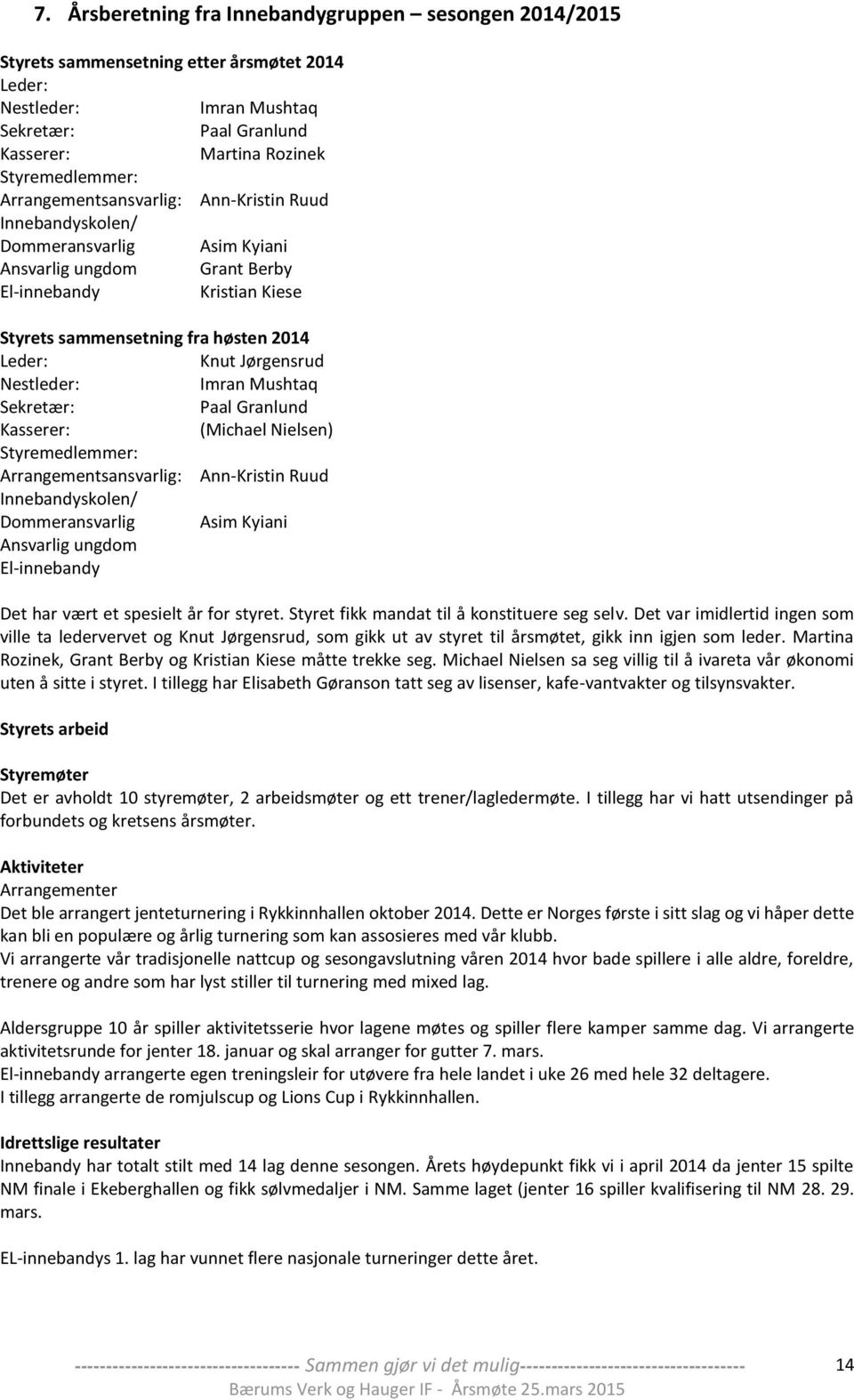 Jørgensrud Nestleder: Imran Mushtaq Sekretær: Paal Granlund Kasserer: (Michael Nielsen) Styremedlemmer: Arrangementsansvarlig: Ann-Kristin Ruud Innebandyskolen/ Dommeransvarlig Asim Kyiani Ansvarlig