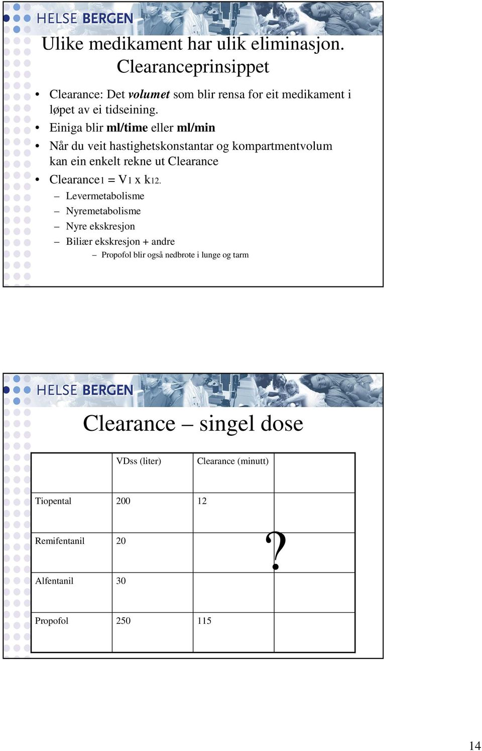 Einiga blir ml/time eller ml/min Når du veit hastighetskonstantar og kompartmentvolum kan ein enkelt rekne ut Clearance Clearance1