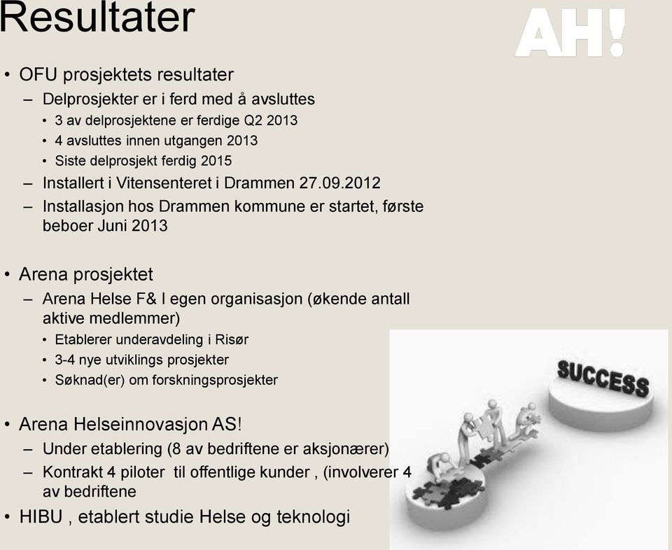 2012 Installasjon hos Drammen kommune er startet, første beboer Juni 2013 Arena prosjektet Arena Helse F& I egen organisasjon (økende antall aktive medlemmer)