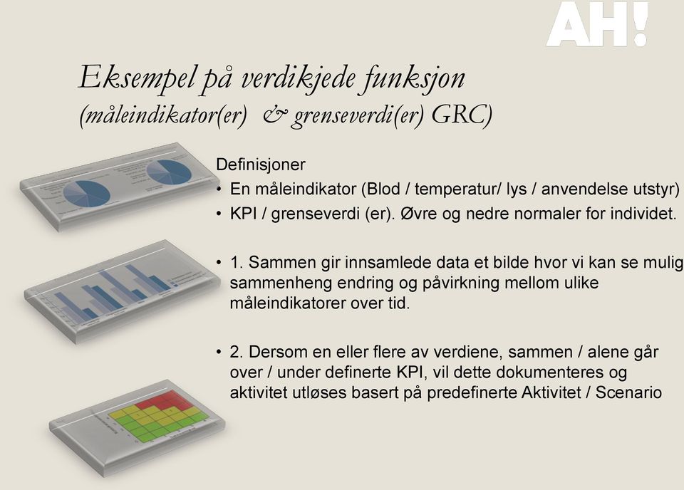 Sammen gir innsamlede data et bilde hvor vi kan se mulig sammenheng endring og påvirkning mellom ulike måleindikatorer over tid.