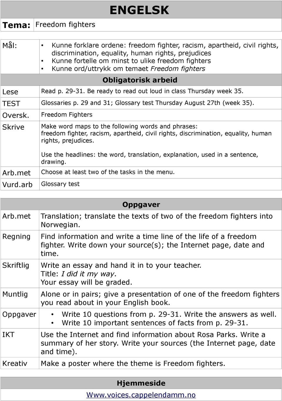 29 and 31; Glossary test Thursday August 27th (week 35). Oversk.