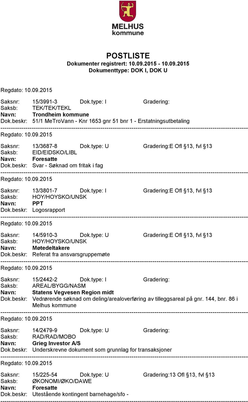 beskr: Logosrapport Saksnr: 14/5910-3 Dok.type: U Gradering:E Ofl 13, fvl 13 Saksb: HOY/HOYSKO/UNSK Navn: Møtedeltakere Dok.beskr: Referat fra ansvarsgruppemøte Saksnr: 15/2442-2 Dok.