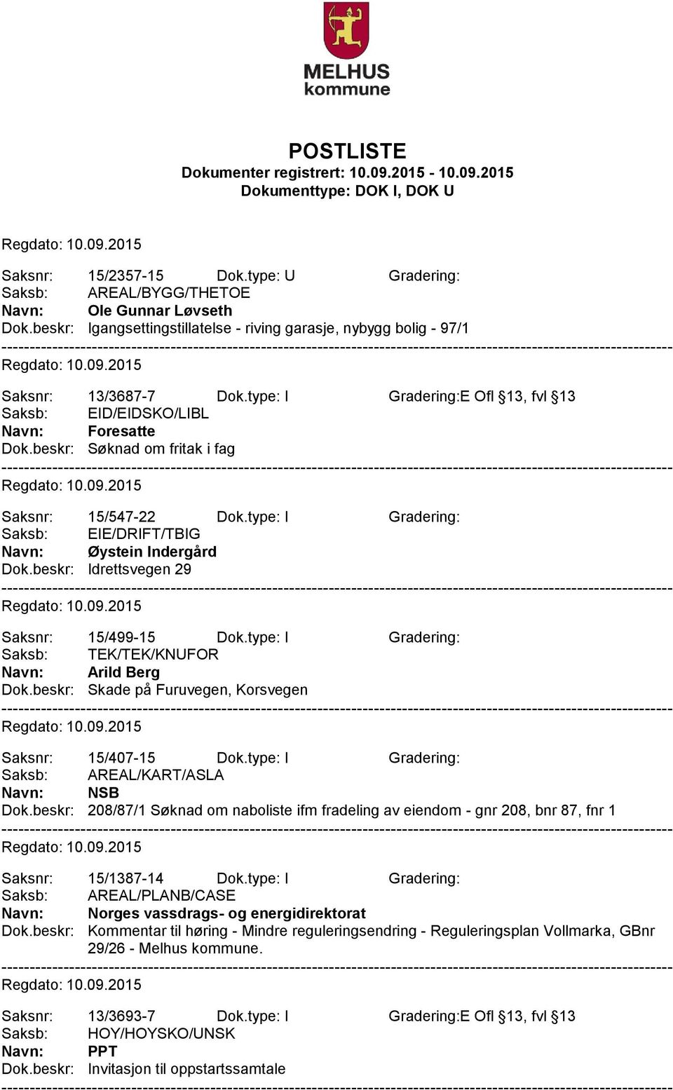 beskr: Idrettsvegen 29 Saksnr: 15/499-15 Dok.type: I Gradering: Navn: Arild Berg Dok.beskr: Skade på Furuvegen, Korsvegen Saksnr: 15/407-15 Dok.type: I Gradering: Saksb: AREAL/KART/ASLA Navn: NSB Dok.