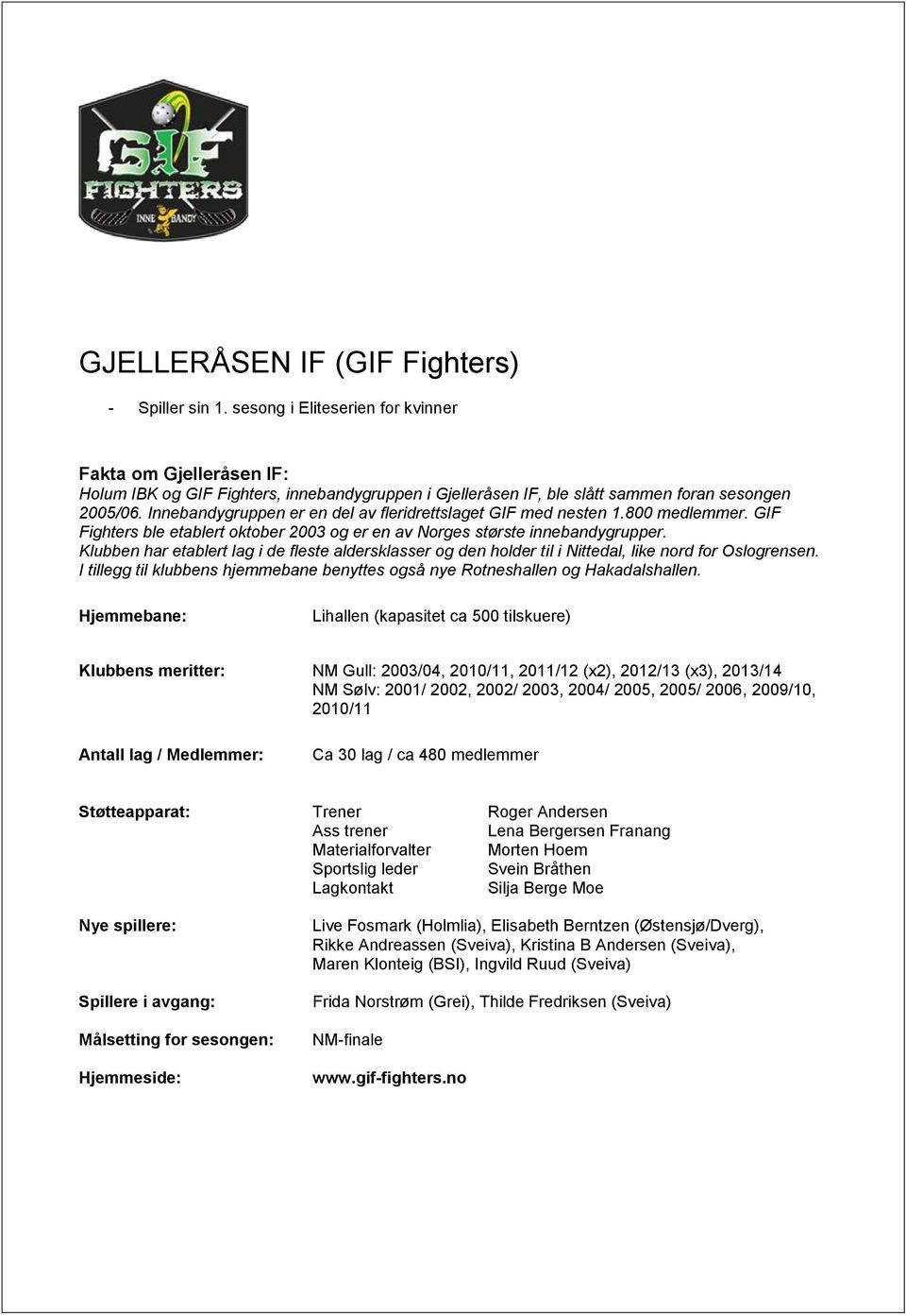 Innebandygruppen er en del av fleridrettslaget GIF med nesten 1.800 medlemmer. GIF Fighters ble etablert oktober 2003 og er en av Norges største innebandygrupper.