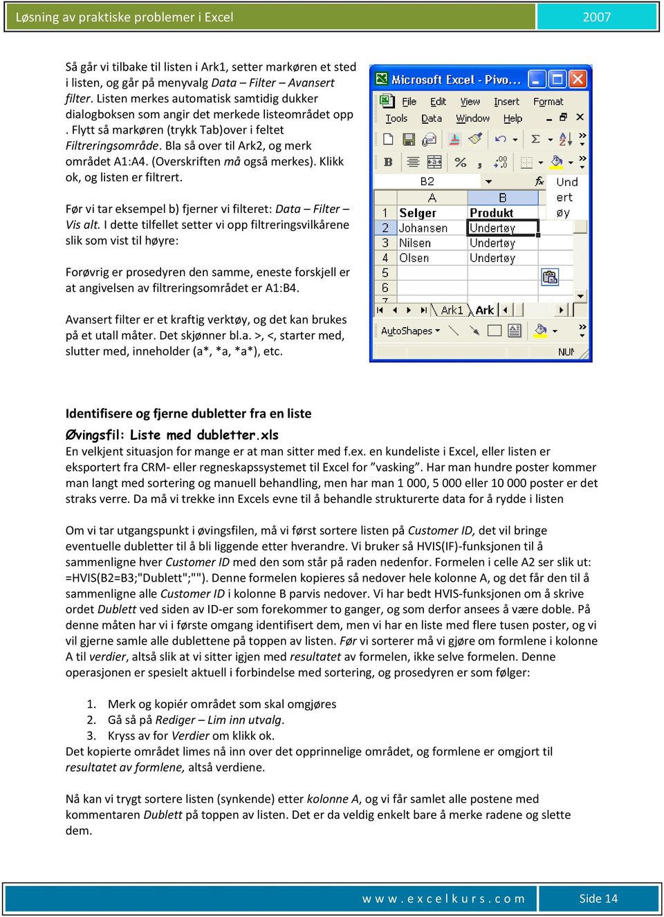 (Overskriften må også merkes). Klikk ok, og listen er filtrert. Før vi tar eksempel b) fjerner vi filteret: Data Filter Vis alt.