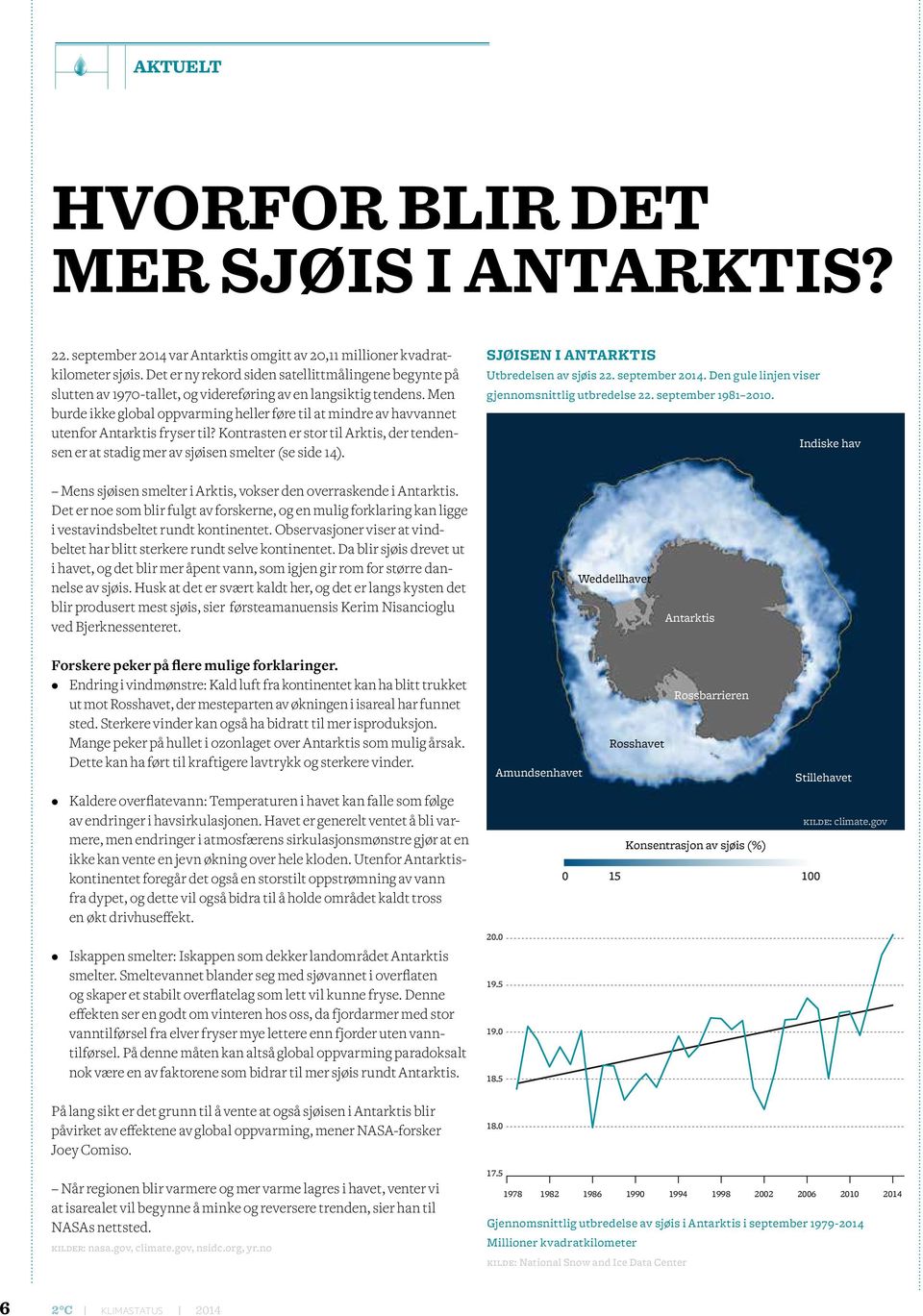 Men burde ikke global oppvarming heller føre til at mindre av havvannet utenfor Antarktis fryser til? Kontrasten er stor til Arktis, der tendensen er at stadig mer av sjøisen smelter (se side 14).