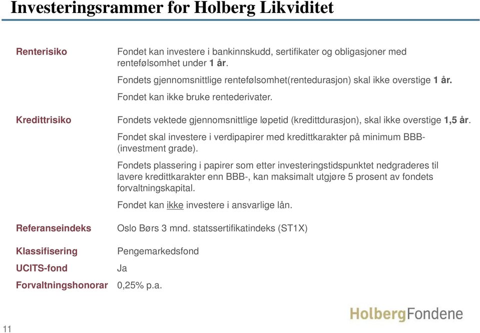 Fondets vektede gjennomsnittlige løpetid (kredittdurasjon), skal ikke overstige 1,5 år. Fondet skal investere i verdipapirer med kredittkarakter på minimum BBB- (investment grade).