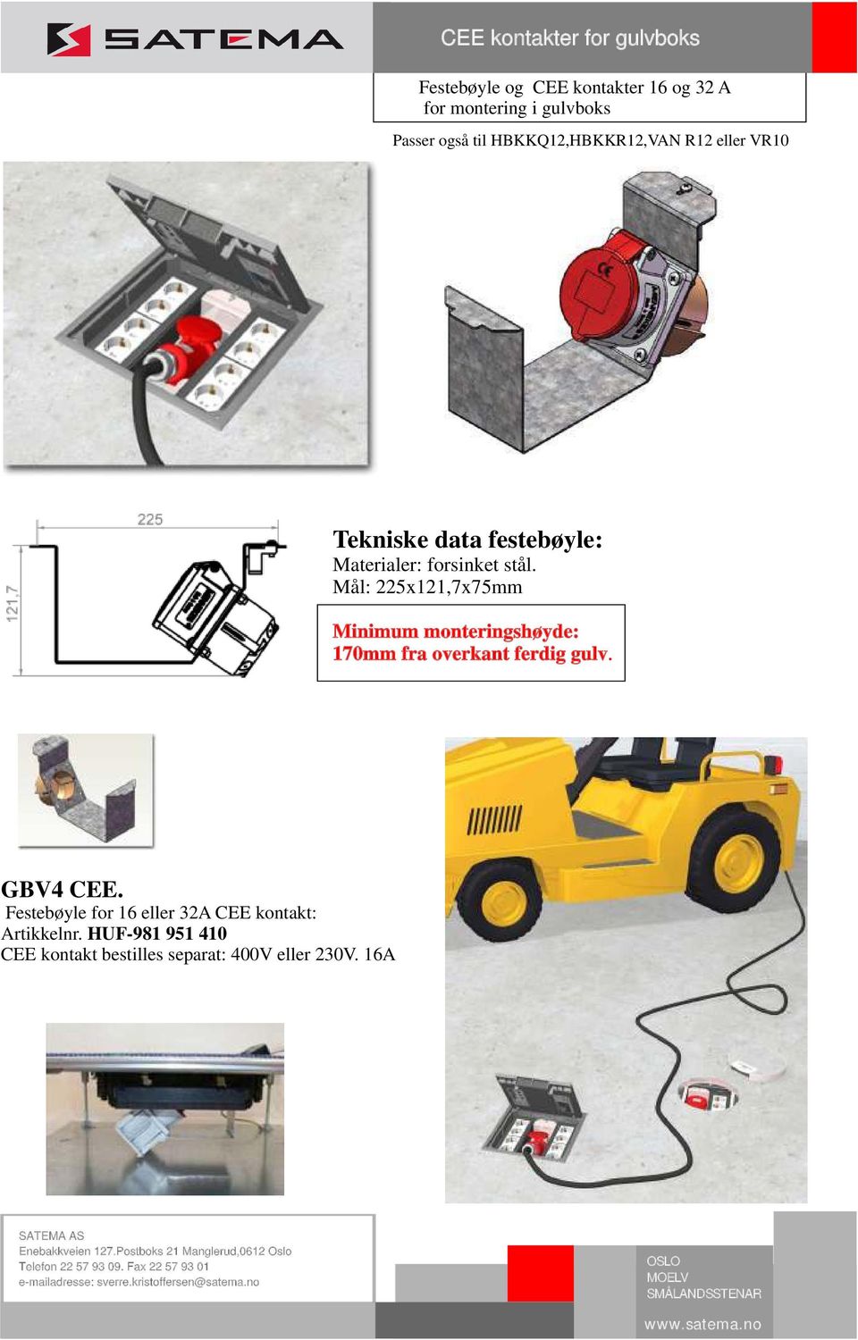 Mål: 225x121,7x75mm Minimum monteringshøyde: 170mm fra overkant ferdig gulv. GBV4 CEE.