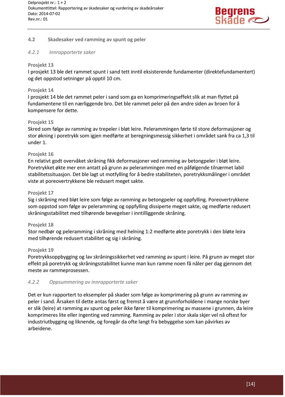 1 Innrapporterte saker Prosjekt 13 I prosjekt 13 ble det rammet spunt i sand tett inntil eksisterende fundamenter (direktefundamentert) og det oppstod setninger på opptil 10 cm.