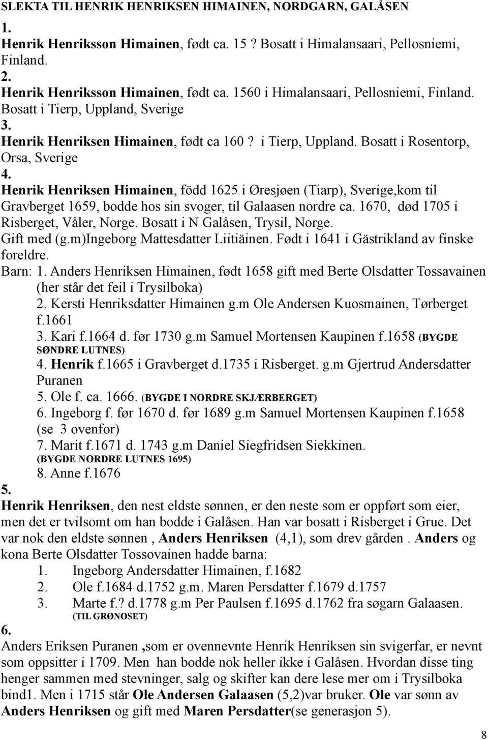 Henrik Henriksen Himainen, född 1625 i Øresjøen (Tiarp), Sverige,kom til Gravberget 1659, bodde hos sin svoger, til Galaasen nordre ca. 1670, død 1705 i Risberget, Våler, Norge.