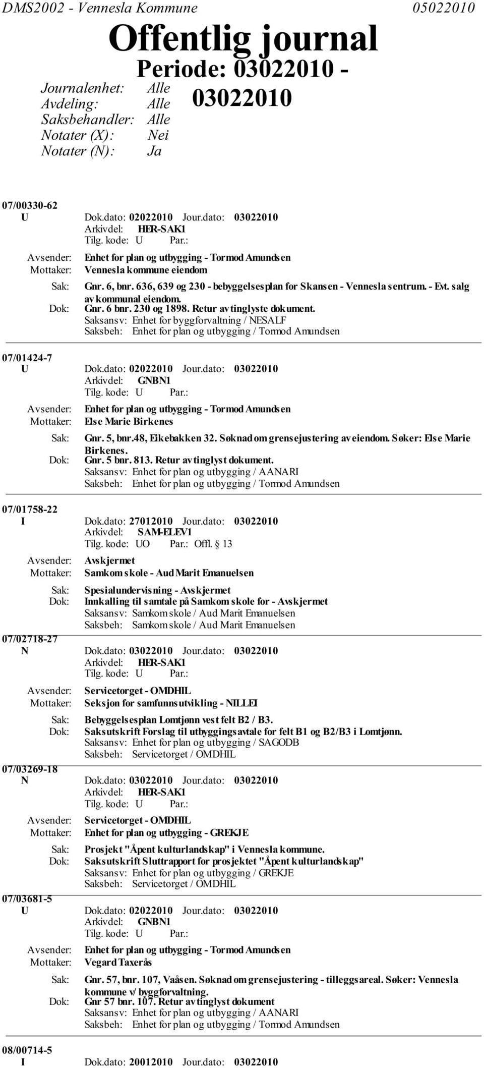 230 og 1898. Retur av tinglyste dokument. Saksansv: Enhet for byggforvaltning / NESALF Saksbeh: Enhet for plan og utbygging / Tormod Amundsen 07/01424-7 U Dok.dato: 02022010 Jour.