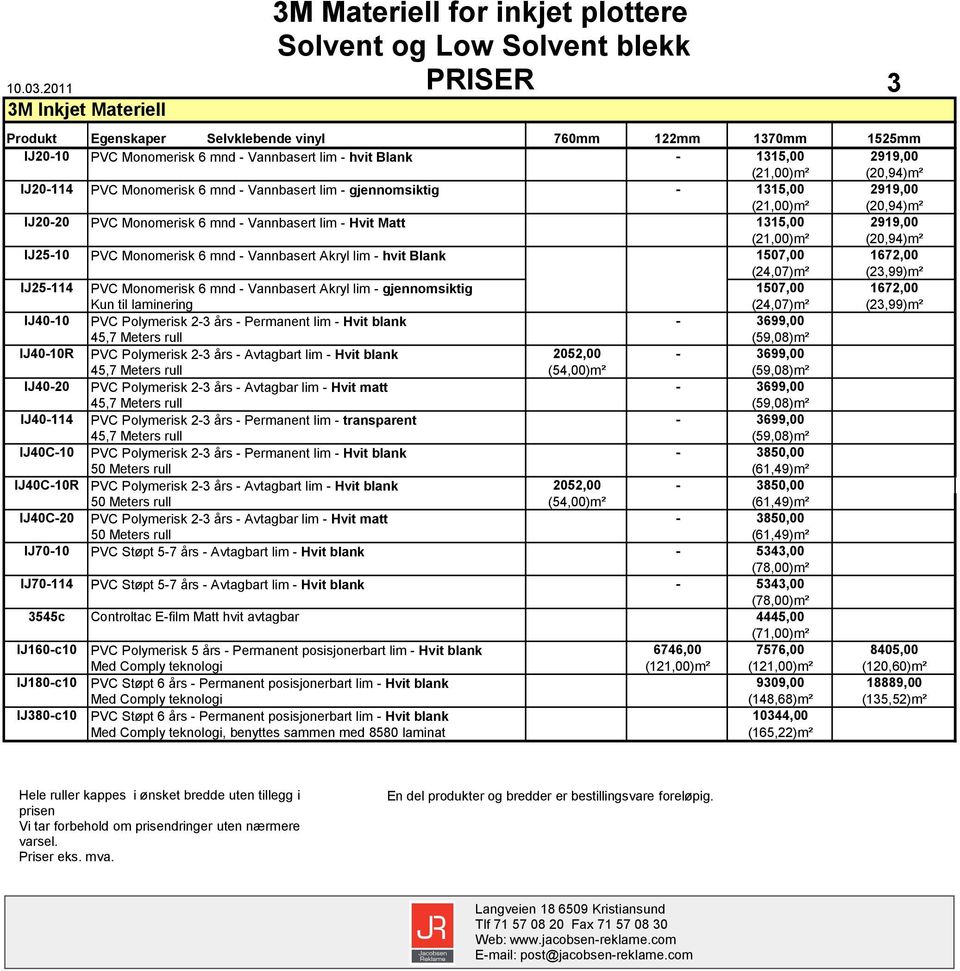 1315,00 2919,00 (21,00)m² (20,94)m² IJ25-10 PVC Monomerisk 6 mnd - Vannbasert Akryl lim - hvit Blank 1507,00 1672,00 (24,07)m² (23,99)m² IJ25-114 PVC Monomerisk 6 mnd - Vannbasert Akryl lim -