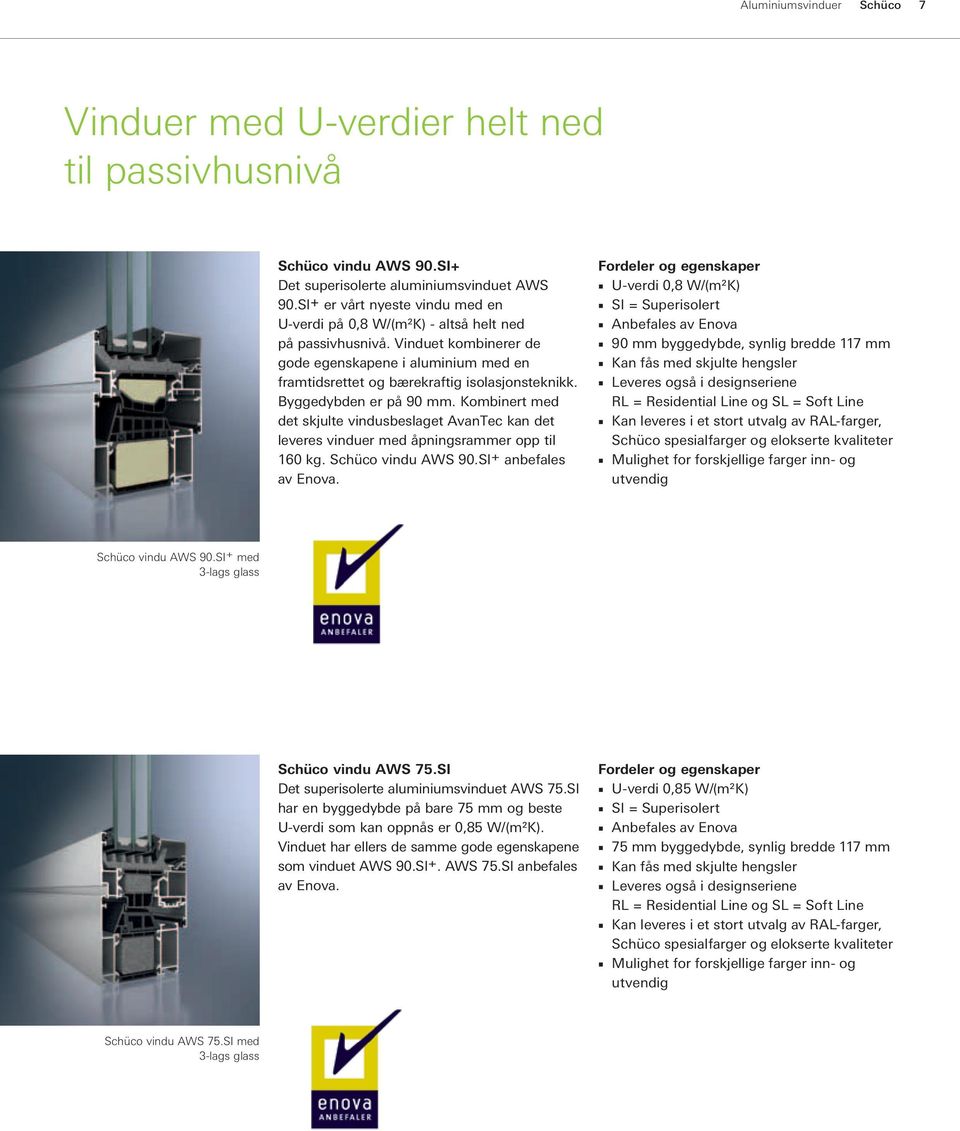 Byggedybden er på 90 mm. Kombinert med det skjulte vindusbeslaget AvanTec kan det leveres vinduer med åpningsrammer opp til 160 kg. Schüco vindu AWS 90.SI + anbefales av Enova.