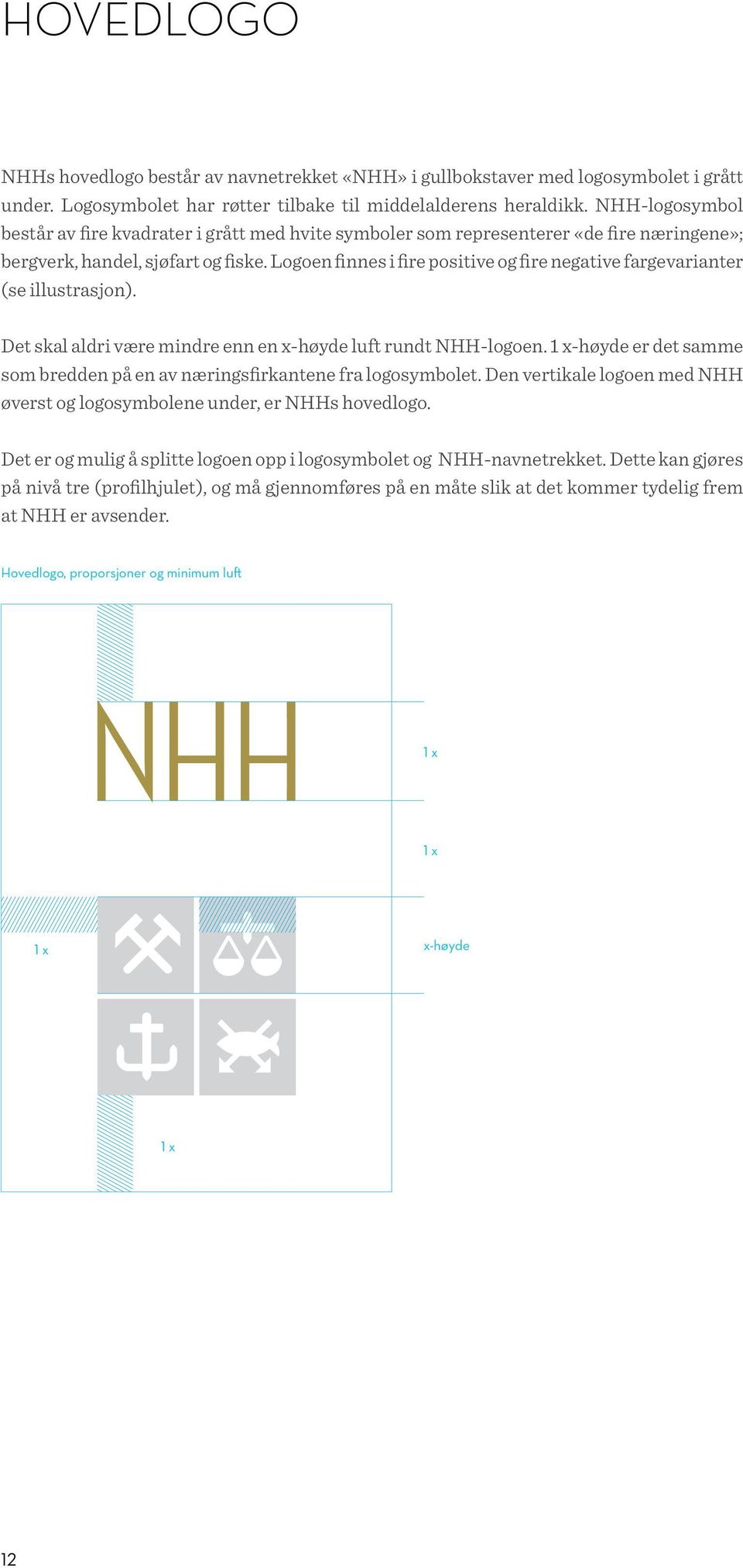 Logoen finnes i fire positive og fire negative fargevarianter (se illustrasjon). Det skal aldri være mindre enn en x-høyde luft rundt NHH-logoen.