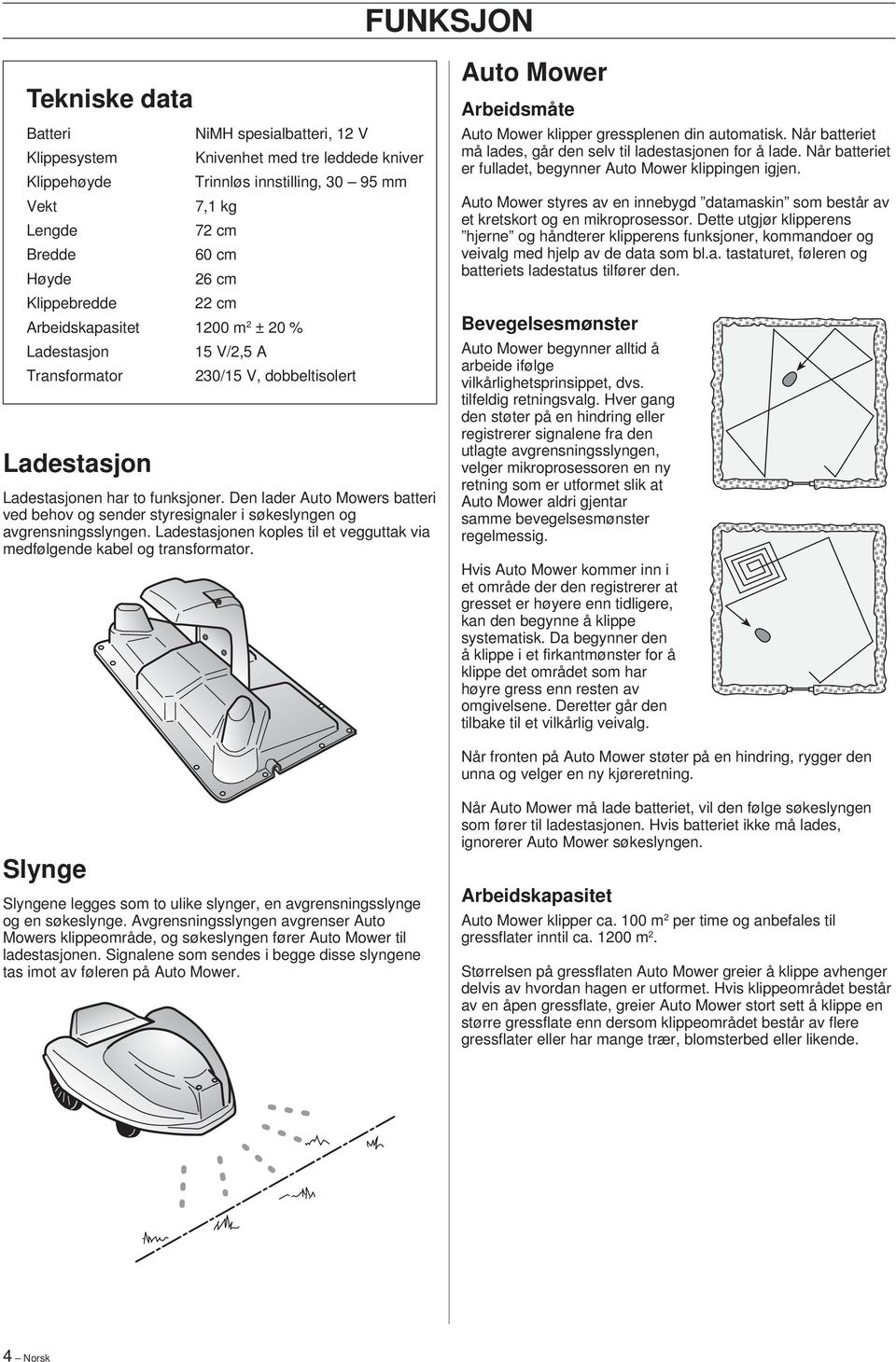 Den lader Auto Mowers batteri ved behov og sender styresignaler i søkeslyngen og avgrensningsslyngen. Ladestasjonen koples til et vegguttak via medfølgende kabel og transformator.