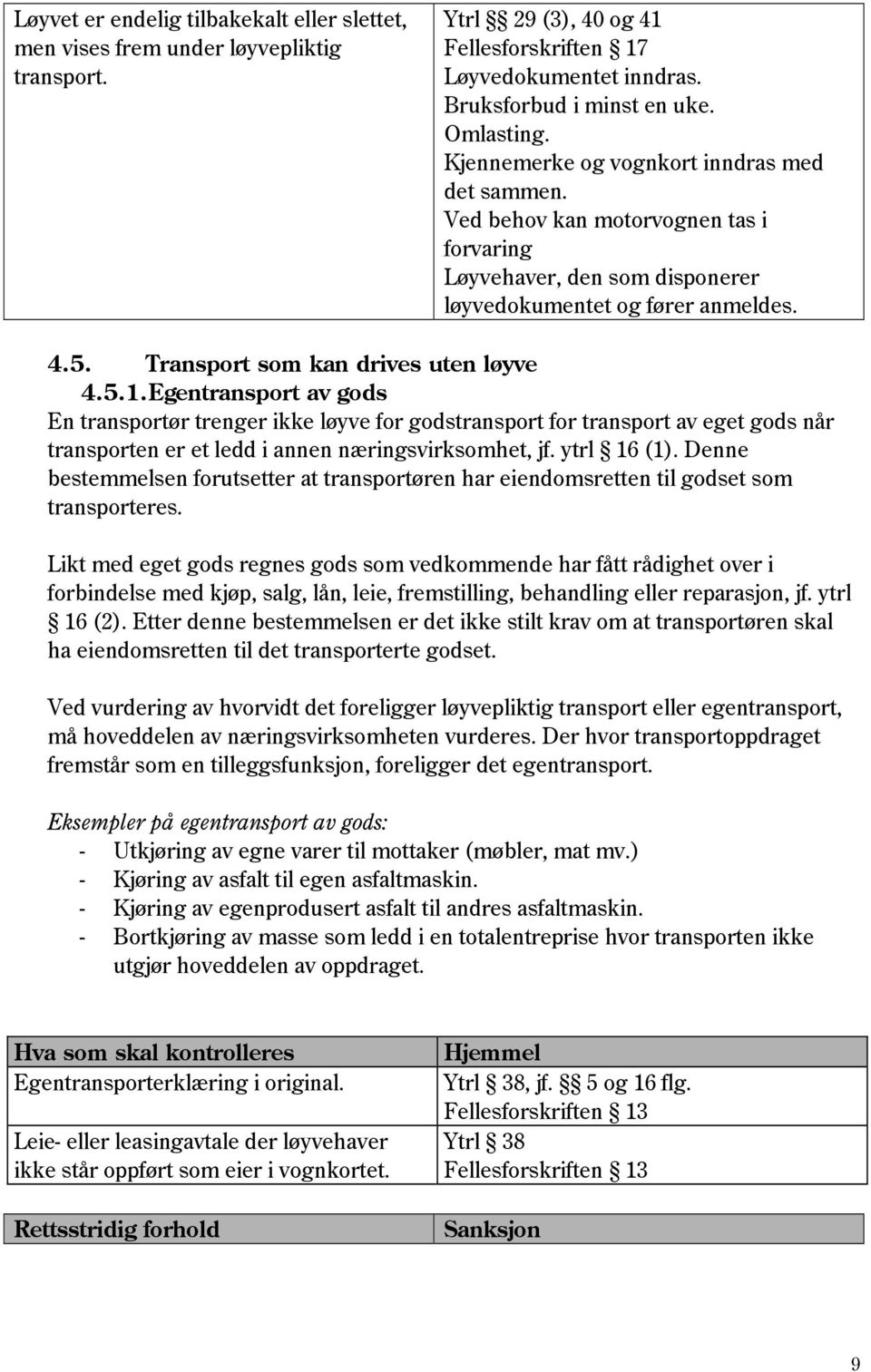 Egentransport av gods En transportør trenger ikke løyve for godstransport for transport av eget gods når transporten er et ledd i annen næringsvirksomhet, jf. ytrl 16 (1).