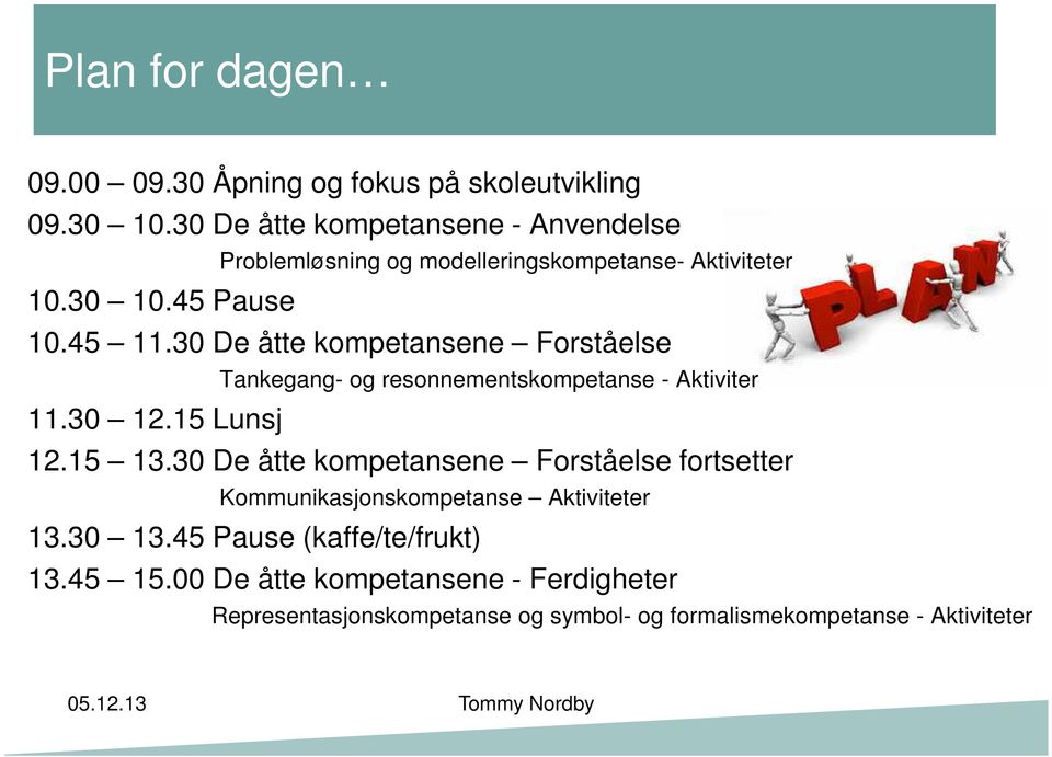 30 De åtte kompetansene Forståelse Tankegang- og resonnementskompetanse - Aktiviter 11.30 12.15 Lunsj 12.15 13.