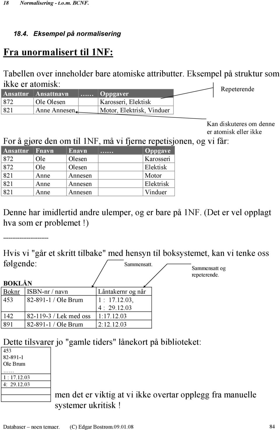 fjerne repetisjonen, og vi får: Ansattnr Fnavn Enavn Oppgave 872 Ole Olesen Karosseri 872 Ole Olesen Elektisk 821 Anne Annesen Motor 821 Anne Annesen Elektrisk 821 Anne Annesen Vinduer Denne har