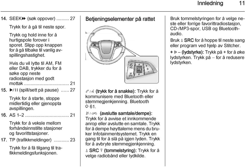 .. 27 Trykk for å starte, stoppe midlertidig eller gjenoppta avspillingen. 16. AS 1 2... 21 Trykk for å veksle mellom forhåndsinnstilte stasjoner og favorittstasjoner. 17. TP (trafikkmeldinger).