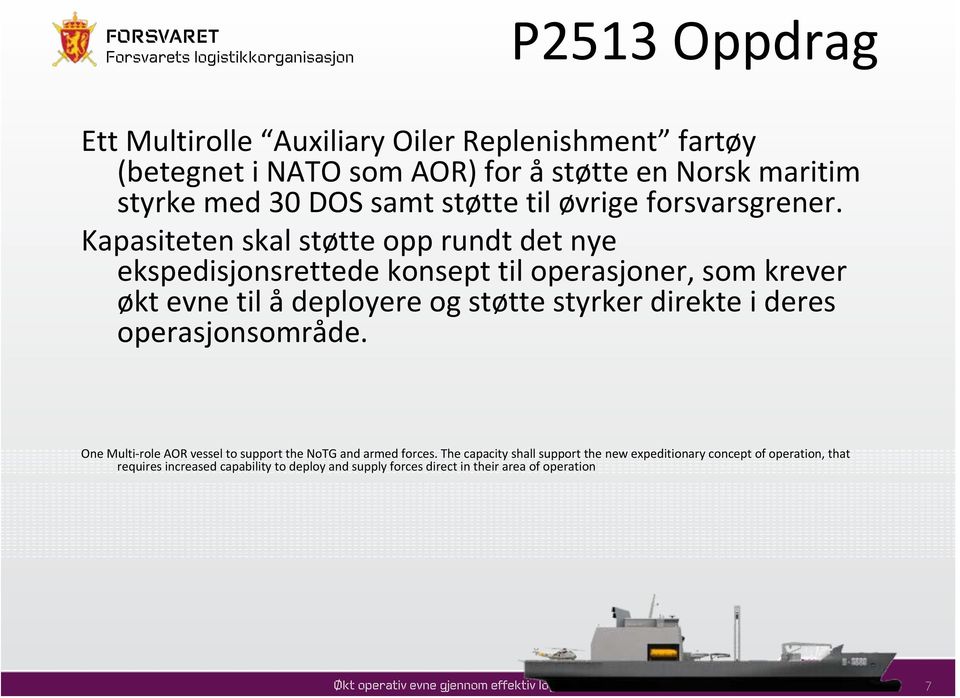 Kapasiteten skal støtte opp rundt det nye ekspedisjonsrettede konsept til operasjoner, som krever økt evne til å deployere og støtte styrker direkte