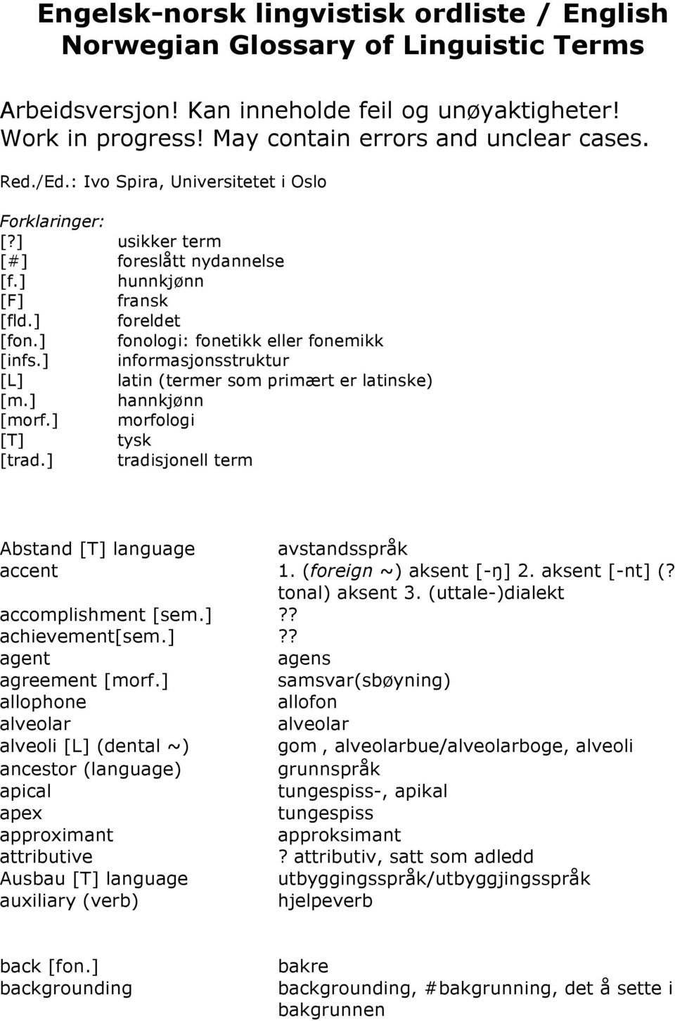 ] informasjonsstruktur [L] latin (termer som primært er latinske) [m.] hannkjønn [morf.] morfologi [T] tysk [trad.] tradisjonell term Abstand [T] language avstandsspråk accent 1.