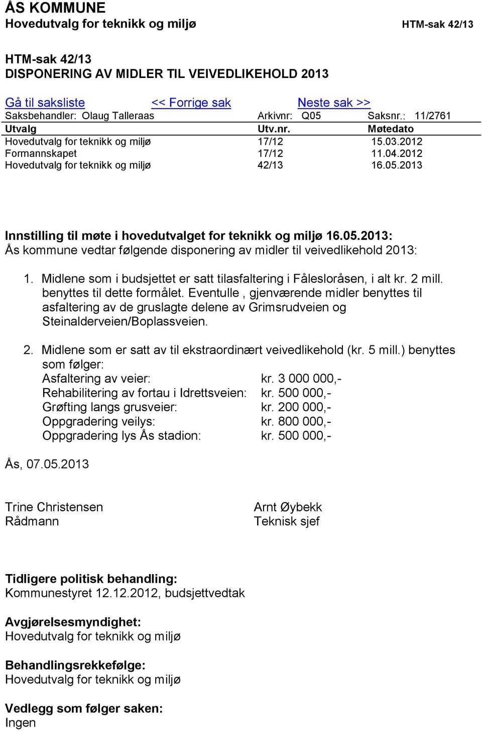 05.2013: Ås kommune vedtar følgende disponering av midler til veivedlikehold 2013: 1. Midlene som i budsjettet er satt tilasfaltering i Fålesloråsen, i alt kr. 2 mill. benyttes til dette formålet.