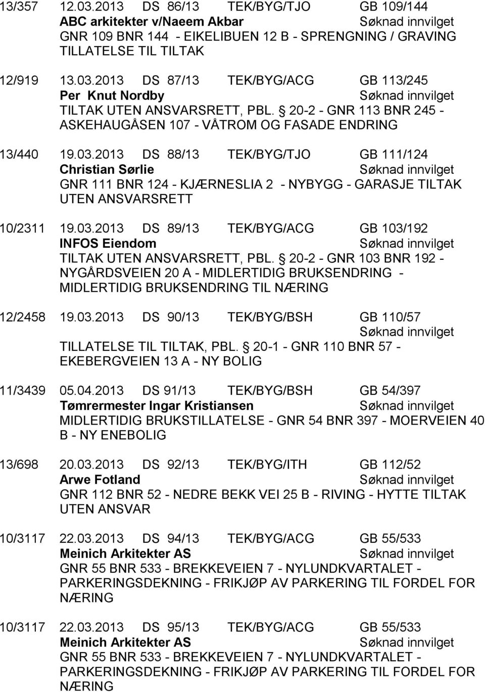 2013 DS 88/13 TEK/BYG/TJO GB 111/124 Christian Sørlie GNR 111 BNR 124 - KJÆRNESLIA 2 - NYBYGG - GARASJE TILTAK UTEN ANSVARSRETT 10/2311 19.03.