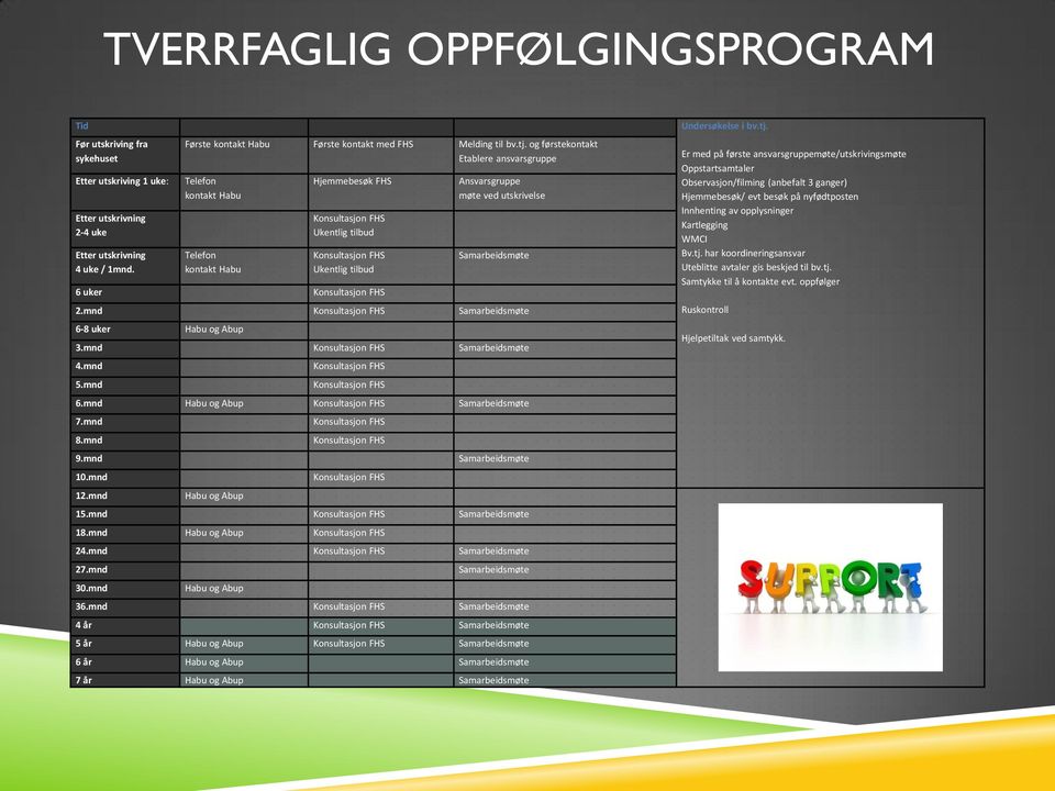 og førstekontakt Etablere ansvarsgruppe Telefon kontakt Habu Telefon kontakt Habu Hjemmebesøk FHS Konsultasjon FHS Ukentlig tilbud Konsultasjon FHS Ukentlig tilbud 6 uker Konsultasjon FHS