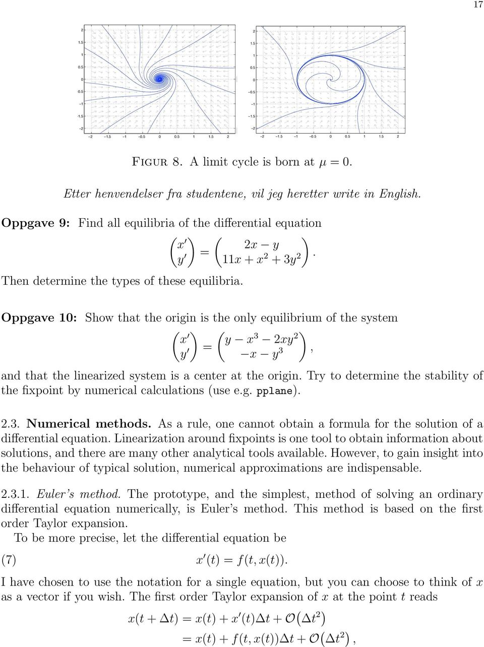 Then determine the types of these equilibria Oppgave 0: Show that the origin is the only equilibrium of the system x y x y = 3 2xy 2 x y 3, and that the linearized system is a center at the origin