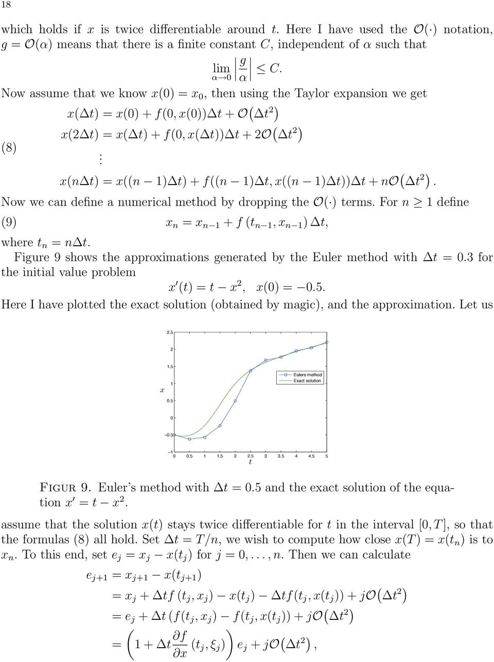 Now we can define a numerical method by dropping the O( ) terms For n define (9) x n = x n + f (t n, x n ) t, where t n = n t Figure 9 shows the approximations generated by the Euler method with t =