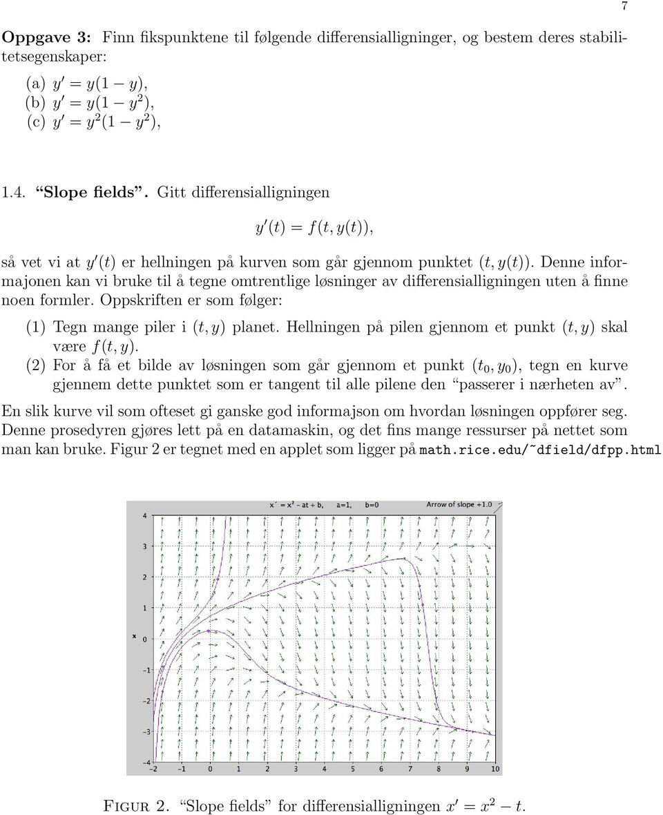 differensialligningen uten å finne noen formler Oppskriften er som følger: () Tegn mange piler i (t, y) planet Hellningen på pilen gjennom et punkt (t, y) skal være f(t, y) (2) For å få et bilde av