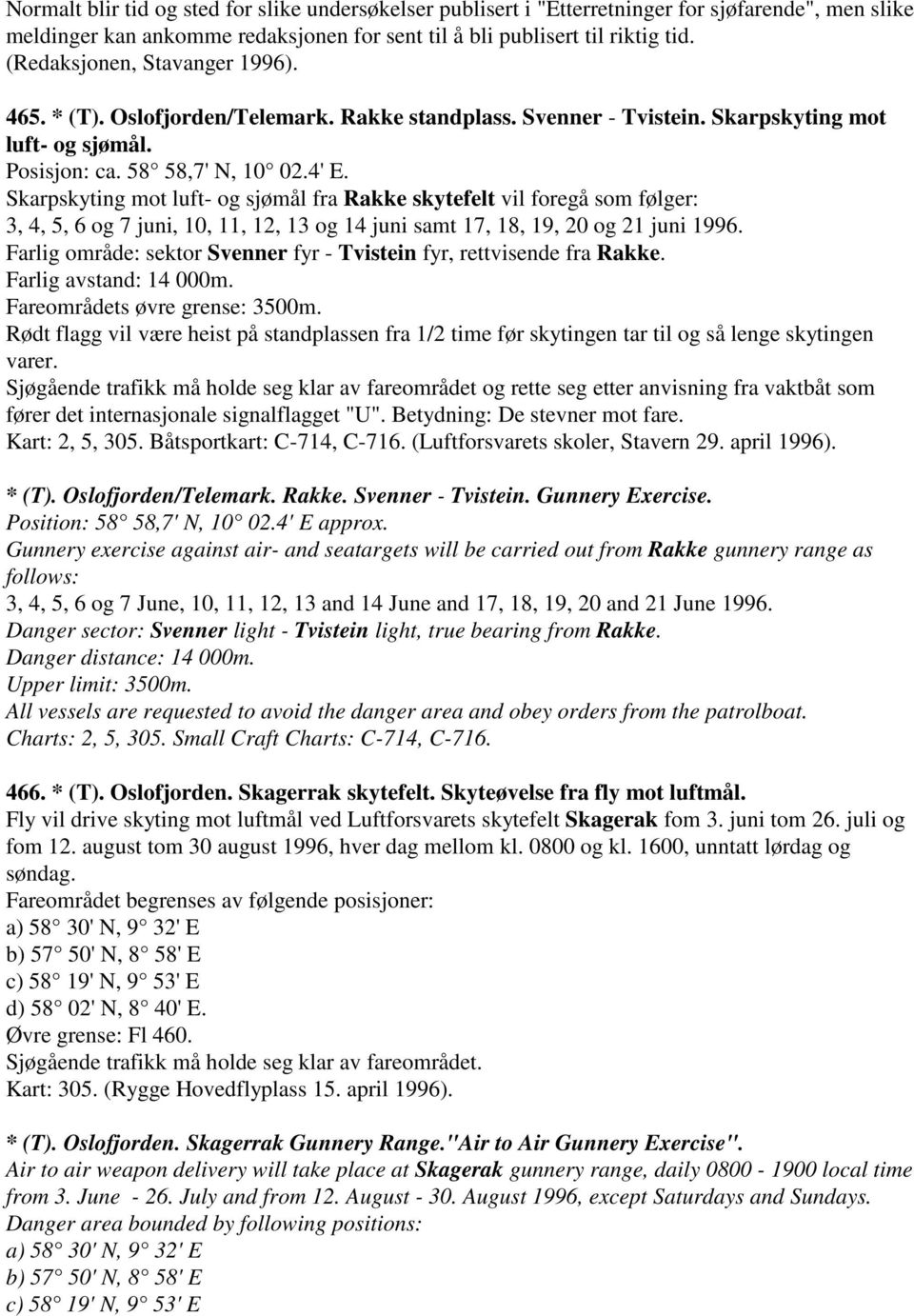 Skarpskyting mot luft- og sjømål fra Rakke skytefelt vil foregå som følger: 3, 4, 5, 6 og 7 juni, 10, 11, 12, 13 og 14 juni samt 17, 18, 19, 20 og 21 juni 1996.