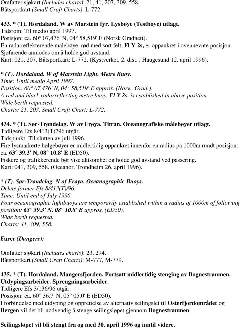 Kart: 021, 207. Båtsportkart: L-772. (Kystverket, 2. dist., Haugesund 12. april 1996). * (T). Hordaland. W of Marstein Light. Metre Buoy. Time: Until medio April 1997.