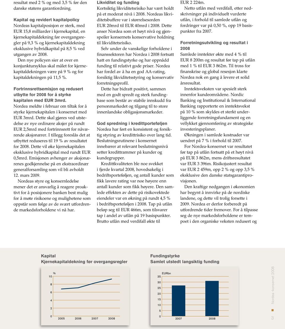 hybridkapital på 8,5 % ved utgangen av 2008. Den nye policyen sier at over en konjunktursyklus skal målet for kjernekapitaldekningen være på 9 % og for kapitaldekningen på 11,5 %.
