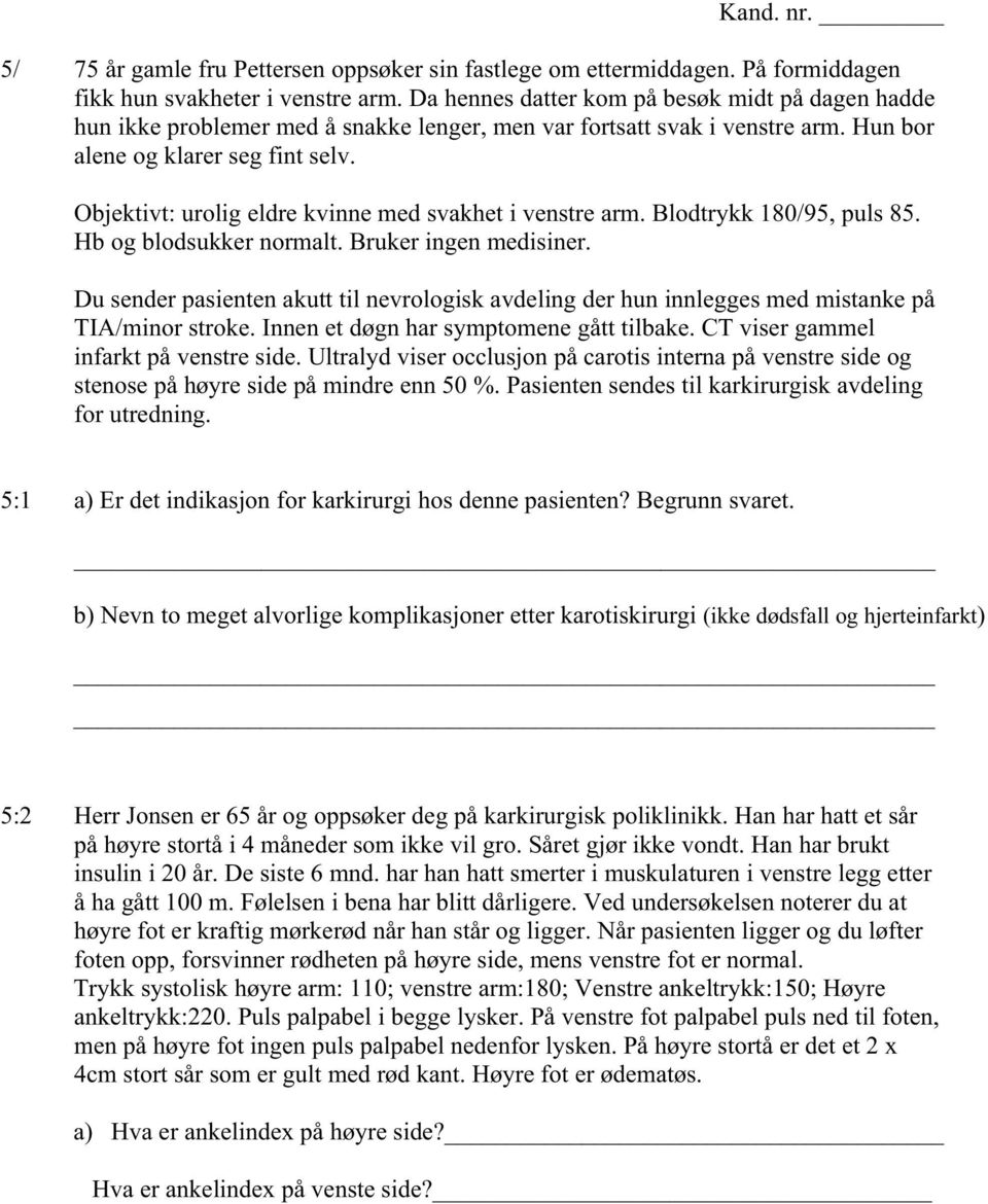 Objektivt: urolig eldre kvinne med svakhet i venstre arm. Blodtrykk 180/95, puls 85. Hb og blodsukker normalt. Bruker ingen medisiner.