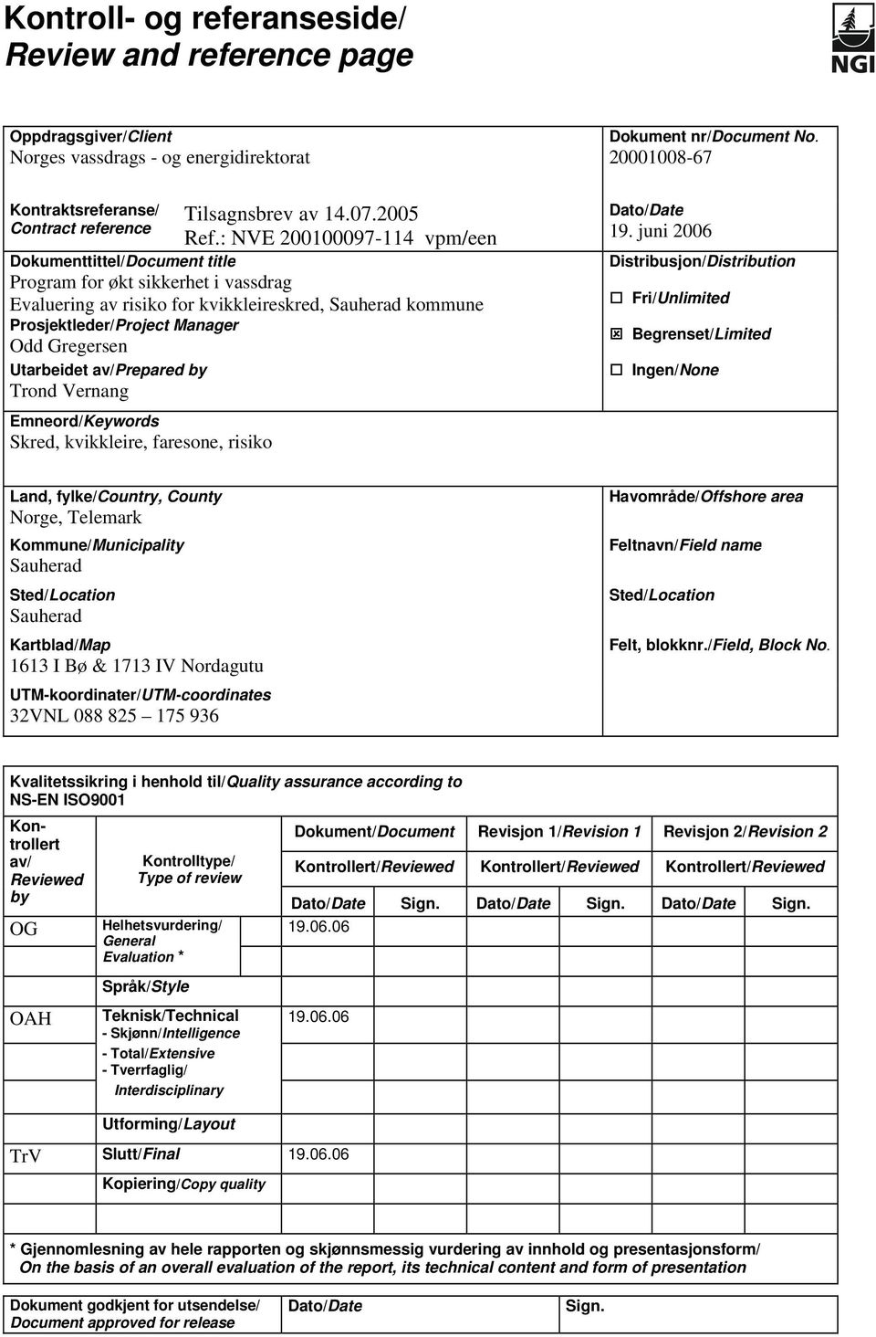 : NVE 200100097-114 vpm/een Dokumenttittel/Document title Program for økt sikkerhet i vassdrag, Prosjektleder/Project Manager Odd Gregersen Utarbeidet av/prepared by Trond Vernang Emneord/Keywords