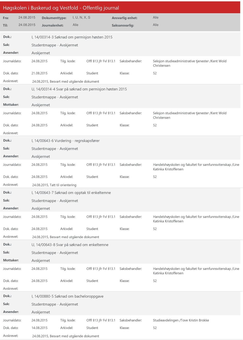 dato: Arkivdel: Student I, 14/00643-6 Vurdering - regnskapsfører Studentmappe - Handelshøyskolen og fakultet for samfunnsvitenskap /Line Katinka Kristoffersen Dok.