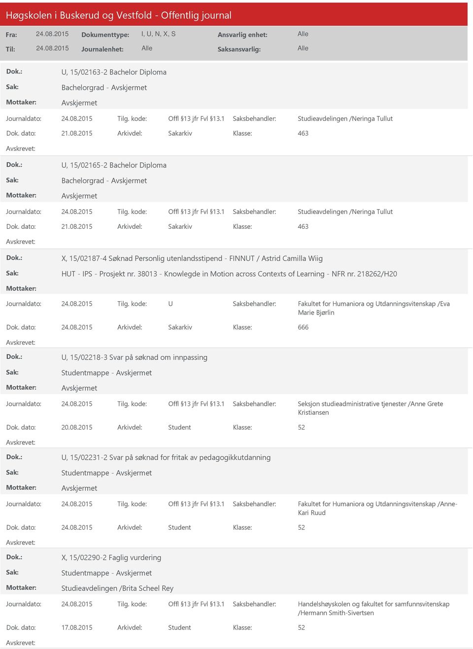 dato: Arkivdel: Sakarkiv 666 U, 15/02218-3 Svar på søknad om innpassing Studentmappe - Seksjon studieadministrative tjenester /Anne Grete Kristiansen Dok. dato: 20.08.