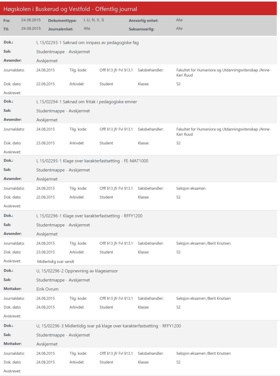 2015 Arkivdel: Student I, 15/02295-1 Klage over karakterfastsetting - FE-MAT1000 Studentmappe - Seksjon eksamen Dok. dato: 22.08.