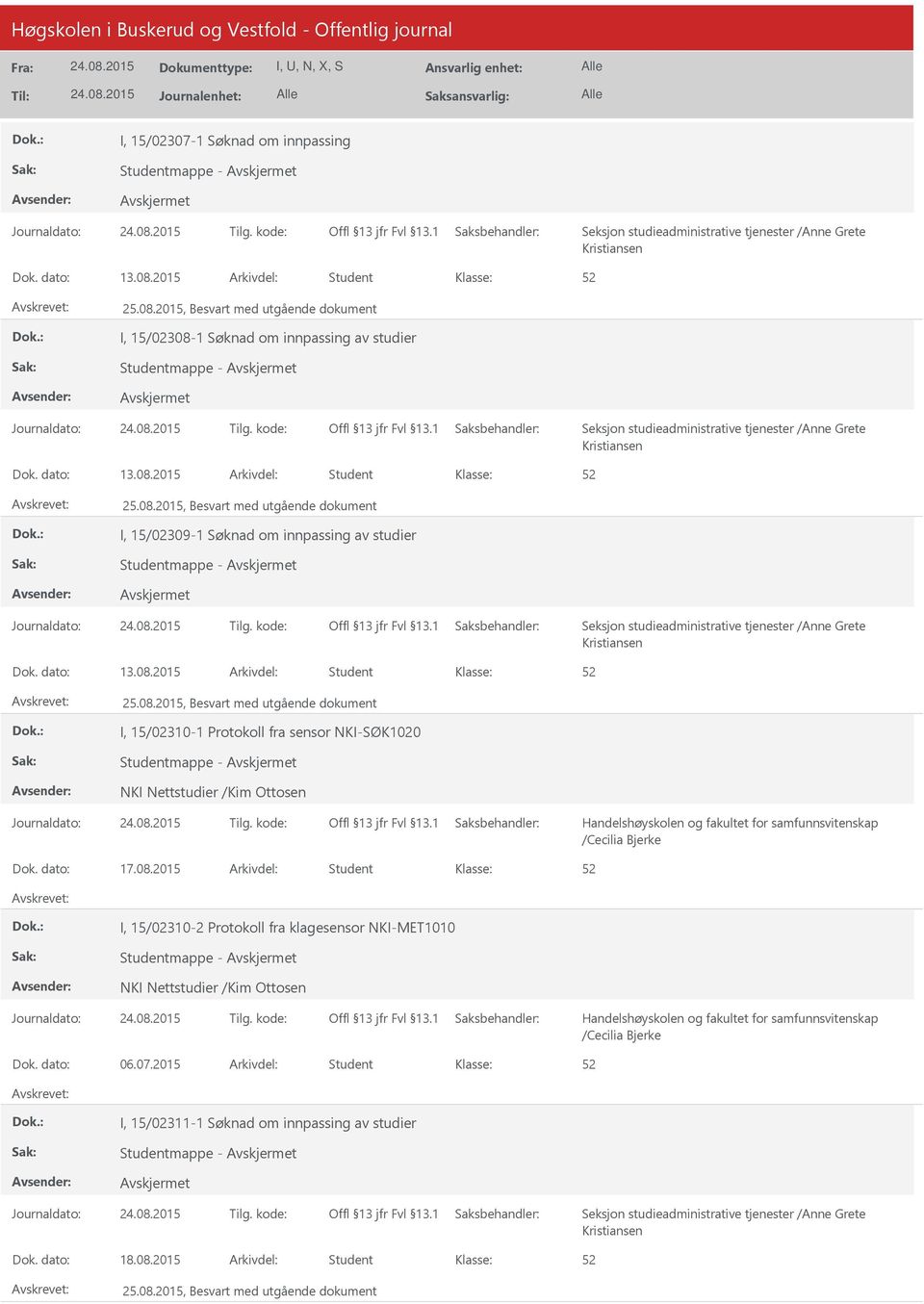 dato: 13.08.2015 Arkivdel: Student 25.08.2015, Besvart med utgående dokument I, 15/02309-1 Søknad om innpassing av studier Studentmappe - Seksjon studieadministrative tjenester /Anne Grete Kristiansen Dok.