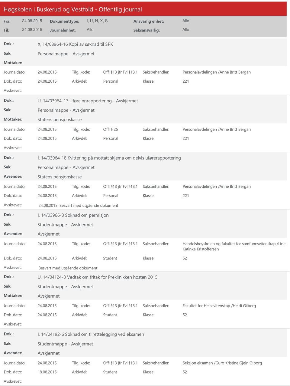 dato: Arkivdel: Personal 221, Besvart med utgående dokument I, 14/03966-3 Søknad om permisjon Studentmappe - Handelshøyskolen og fakultet for samfunnsvitenskap /Line Katinka Kristoffersen Dok.