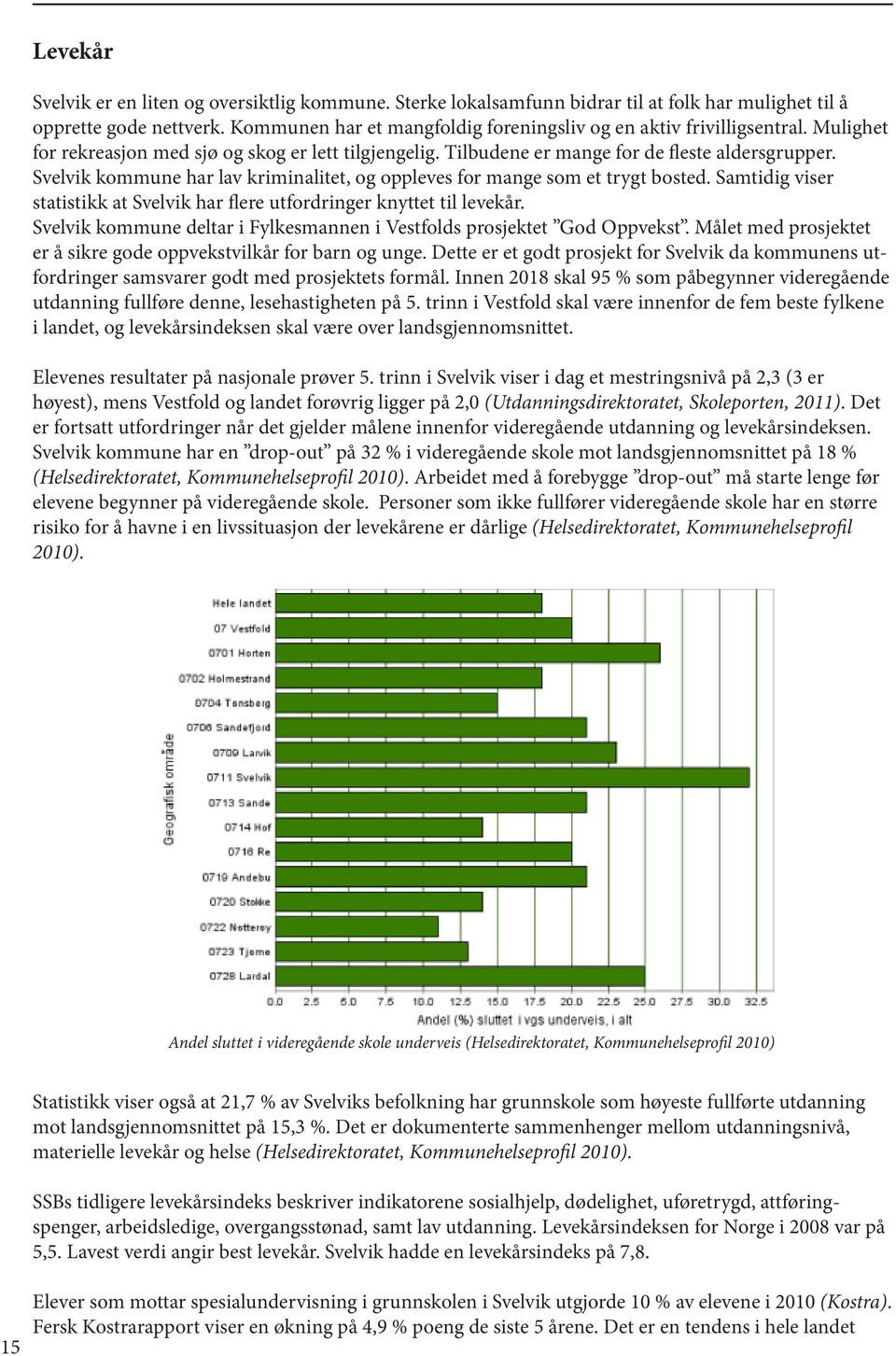 Svelvik kommune har lav kriminalitet, og oppleves for mange som et trygt bosted. Samtidig viser statistikk at Svelvik har flere utfordringer knyttet til levekår.