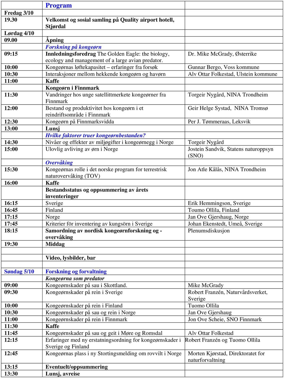 10:00 Kongeørnas løftekapasitet erfaringer fra forsøk Gunnar Bergo, Voss kommune 10:30 Interaksjoner mellom hekkende kongeørn og havørn Alv Ottar Folkestad, Ulstein kommune 11:00 Kaffe Kongeørn i